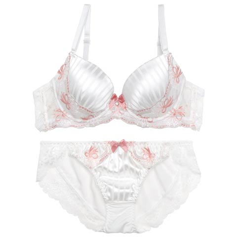 7/18新作!【ノンワイヤー】ラブリーリボンストライプブラジャー&フルバックショーツ[推し][人気](ホワイト-M)