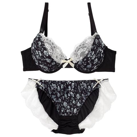 ギャザーアンティークローズブラジャー&フルバックショーツ[推し][人気](ブラック-A70/ショーツM)