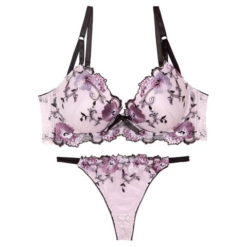 【Tバック】【三上悠亜着用】フローラルミューズ育乳脇高ブラジャー&バック透けTバックショーツ[推し][人気](パープル-A65/ショーツM)