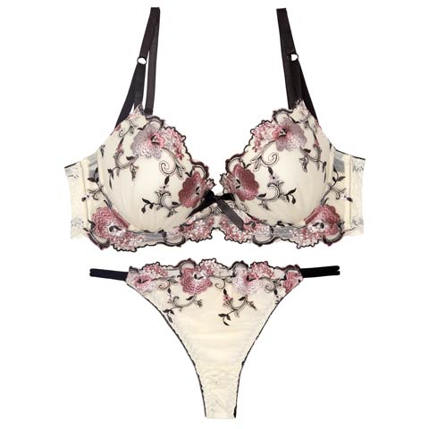 【Tバック】【三上悠亜着用】フローラルミューズ育乳脇高ブラジャー&バック透けTバックショーツ[推し][人気](クリーム-A65/ショーツM)