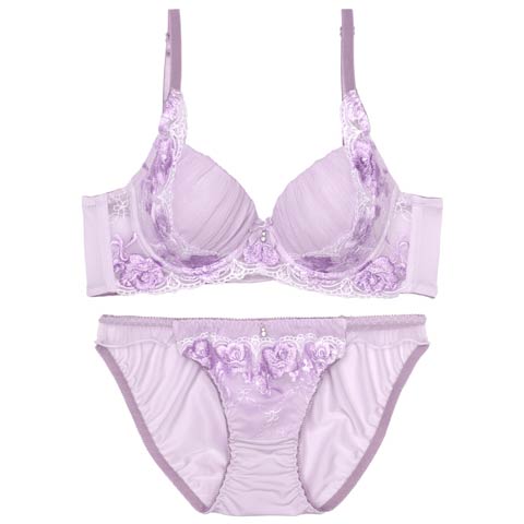 10/4再販!【ノンワイヤー】プリーツチュールエンブロイダリーブラジャー&フルバックショーツ[推し][人気](パープル-M)