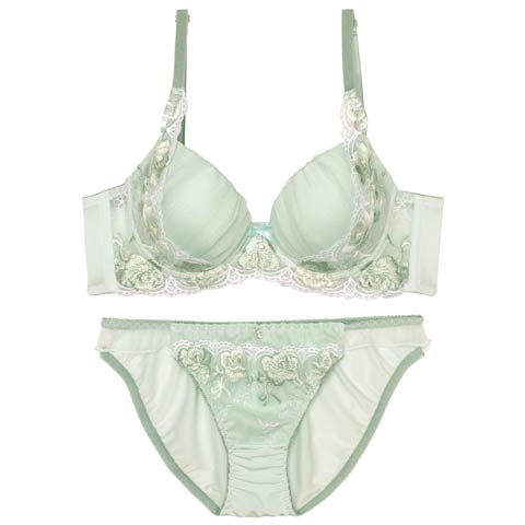 10/4再販!【ノンワイヤー】プリーツチュールエンブロイダリーブラジャー&フルバックショーツ[推し][人気](グリーン-M)