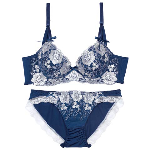 8/28再販!クラシックリボンフラワー育乳ブラジャー&フルバックショーツ[推し][人気](ネイビー-A70/ショーツM)