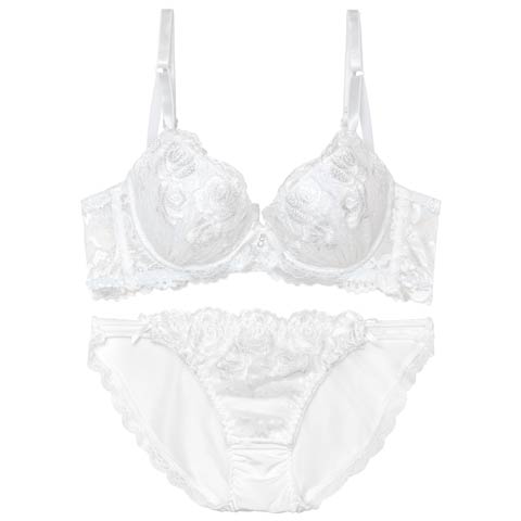 【EFサイズ】エレガントモダンローズ育乳ブラジャー&フルバックショーツ[推し](ホワイト-E70/ショーツM)