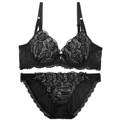【EFサイズ】エレガントモダンローズ育乳ブラジャー&フルバックショーツ[推し](ブラック-E70/ショーツM)