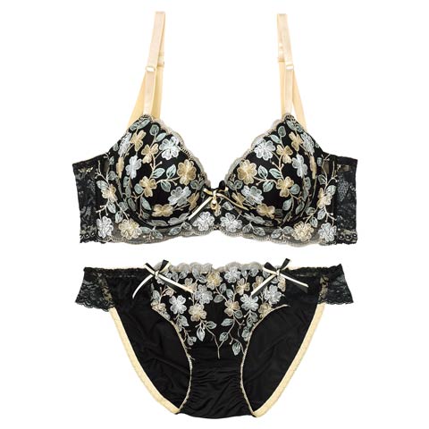 8/30再販!ミニョンフルールリボン育乳ブラジャー&フルバックショーツ[推し][人気](ブラック-A70/ショーツM)