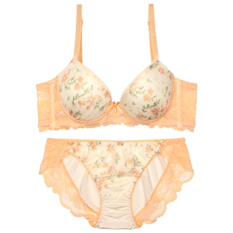 7/25新作!クラシック水彩フルーロン育乳脇高ブラジャー&フルバックショーツ[推し][人気](オレンジ-A70/ショーツM)