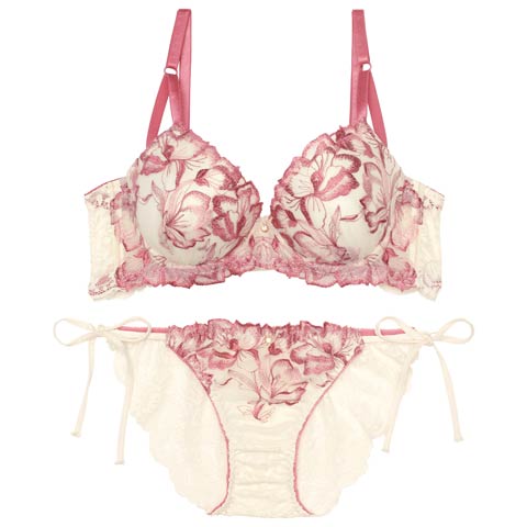 10/18再販!アロマティックフラワー育乳ブラジャー&サイド紐バック透けフルバックショーツ[推し][人気](ピンク-A65/ショーツM)