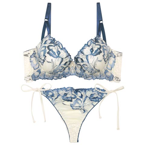 10/18再販!【Tバック】アロマティックフラワー育乳ブラジャー&サイド紐バック透けTバックショーツ[推し][人気](ブルー-A65/ショーツM)