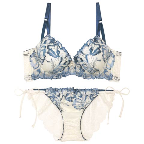 10/18再販!【EFサイズ】アロマティックフラワー育乳脇高ブラジャー&サイド紐バック透けフルバックショーツ[推し](ブルー-E65/ショーツM)