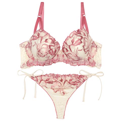 10/18再販!【EFサイズ】【Tバック】アロマティックフラワー育乳脇高ブラジャー&サイド紐バック透けTバックショーツ[推し](ピンク-E65/ショーツM)