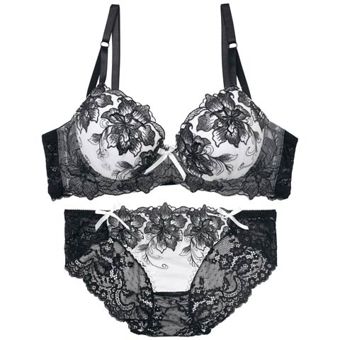 8/6新作!【三上悠亜着用】ロイヤルラメフラワー育乳ブラジャー&バック透けフルバックショーツ[推し][人気](ブラック-A65/ショーツM)