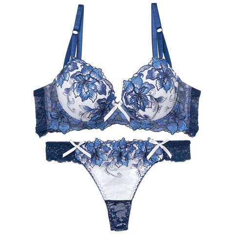 8/6新作!【三上悠亜着用】ロイヤルラメフラワー育乳ブラジャー&バック透けTバックショーツ[推し][人気](ブルー-A65/ショーツM)