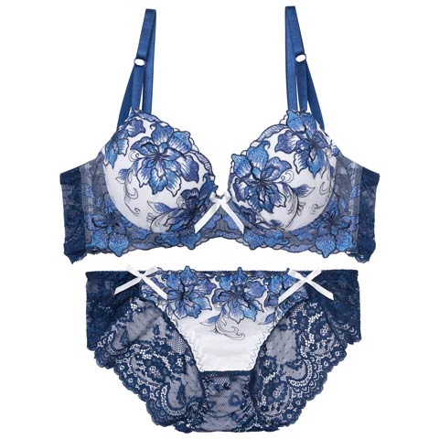 8/6新作!【EFサイズ】【三上悠亜着用】ロイヤルラメフラワー育乳ブラジャー&バック透けフルバックショーツ[推し](ブルー-E65/ショーツM)