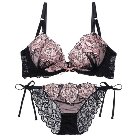 8/15新作!【三上悠亜着用】セレーナローズエンブロイダリー育乳ブラジャー&サイド紐バック透けフルバックショーツ[推し][人気](ピンク-A65/ショーツM)