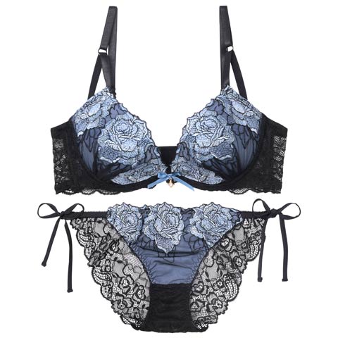 8/15新作!【三上悠亜着用】セレーナローズエンブロイダリー育乳ブラジャー&サイド紐バック透けフルバックショーツ[推し][人気](ブルー-A65/ショーツM)