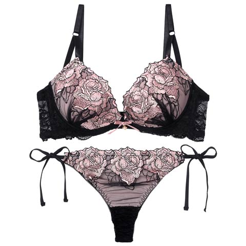 8/15新作!【Tバック】【三上悠亜着用】セレーナローズエンブロイダリー育乳脇高ブラジャー&サイド紐バック透けTバックショーツ[推し][人気](ピンク-A65/ショーツM)