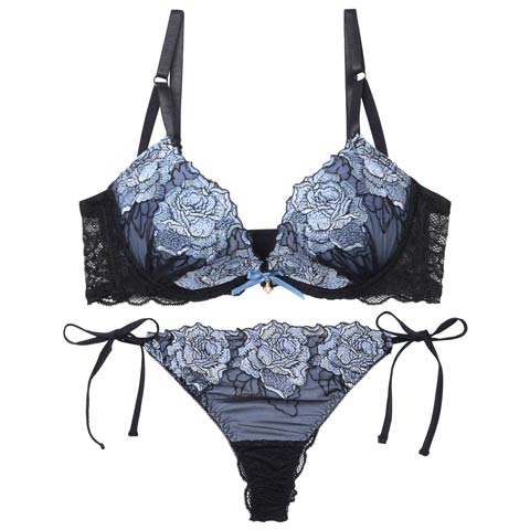 8/15新作!【Tバック】【三上悠亜着用】セレーナローズエンブロイダリー育乳脇高ブラジャー&サイド紐バック透けTバックショーツ[推し][人気](ブルー-A65/ショーツM)