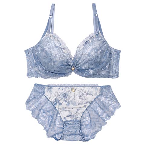 ブロッサムギャザーレース育乳脇高ブラジャー&バック透けフルバックショーツ[人気][推し](ブルー-A65/ショーツM)
