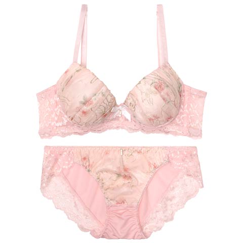 10/4再販!フェミニンギャザーフルール育乳ブラジャー&フルバックショーツ[推し][人気](ピンク-A70/ショーツM)