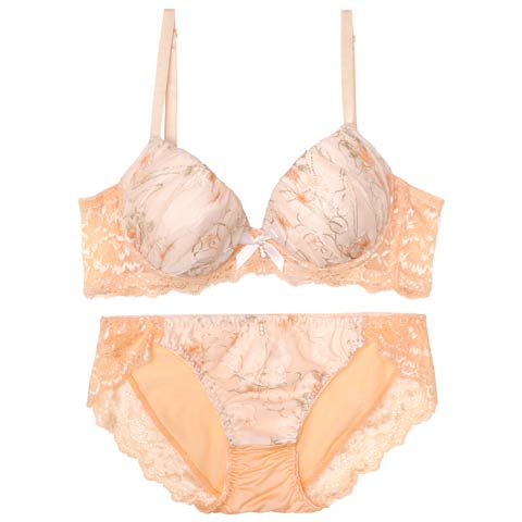 10/4再販!フェミニンギャザーフルール育乳ブラジャー&フルバックショーツ[推し][人気](オレンジ-A70/ショーツM)