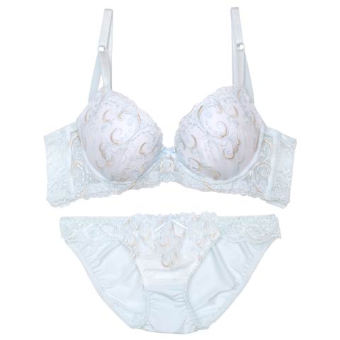 10/4再販!パステルガーリーアラベスク育乳ブラジャー&フルバックショーツ[推し][人気](サックス-A70/ショーツM)