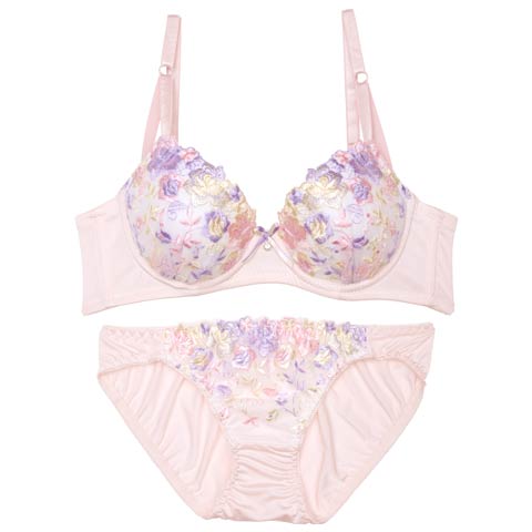 8/13新作!カラフルフラワーエンブロイダリー育乳ブラジャー&フルバックショーツ[推し][人気](ピンク-A70/ショーツM)