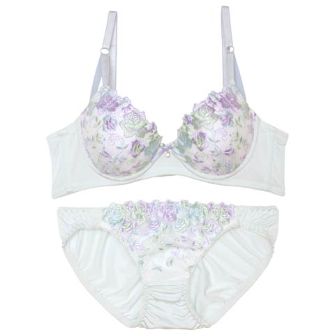 8/13新作!カラフルフラワーエンブロイダリー育乳ブラジャー&フルバックショーツ[推し][人気](ブルー-A70/ショーツM)