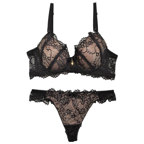 1/15再販!【EFサイズ】【Tバック】ヌーディーレース育乳ブラジャー&バック透けTバックショーツ[推し](ブラック-E65/ショーツM)