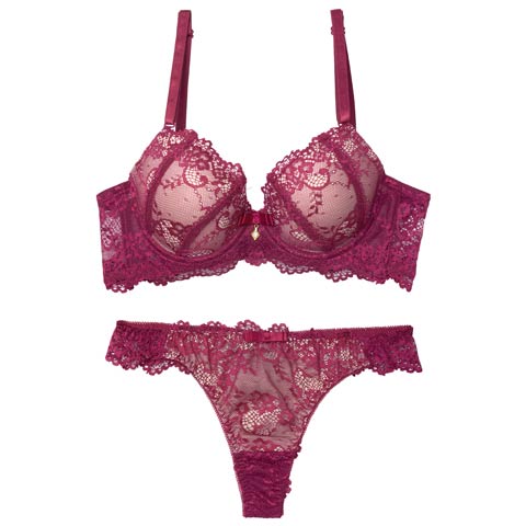 1/15再販!【EFサイズ】【Tバック】ヌーディーレース育乳ブラジャー&バック透けTバックショーツ[推し](ベリー-E65/ショーツM)