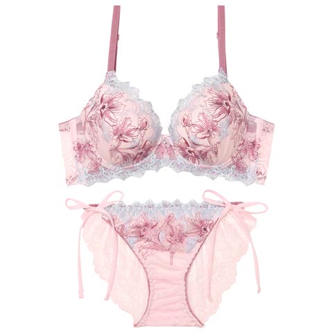 11/5新作!フェアリーアネモネブルーム育乳脇高ブラジャー&サイド紐バック透けフルバックショーツ[推し][人気](ピンク-A65/ショーツM)