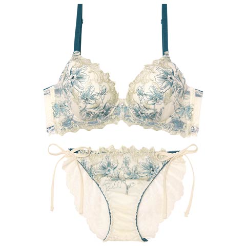 11/5新作!【EFサイズ】フェアリーアネモネブルーム育乳脇高ブラジャー&サイド紐バック透けフルバックショーツ[推し](オフホワイト-E65/ショーツM)