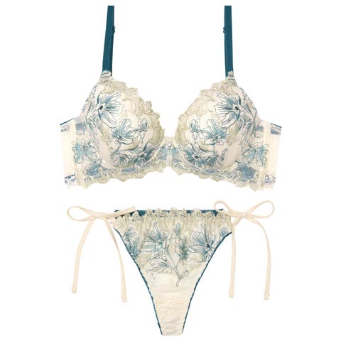 11/5新作!【EFサイズ】フェアリーアネモネブルーム育乳脇高ブラジャー&サイド紐バック透けTバックショーツ[推し](オフホワイト-E65/ショーツM)