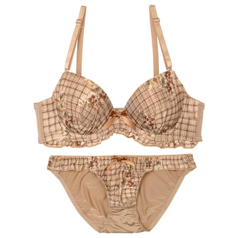10/7再販!フルーレットチェックフリルブラジャー&フルバックショーツ[推し][人気](ブラウン-A70/ショーツM)