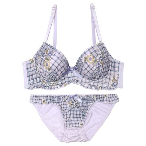 10/7再販!フルーレットチェックフリルブラジャー&フルバックショーツ[推し][人気](ブルー-A70/ショーツM)