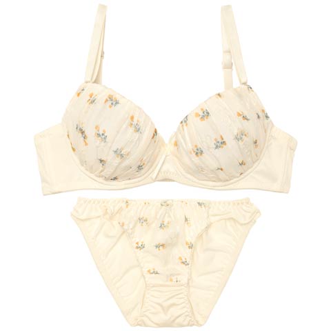 9/5新作!パステルプチフラワーブラジャー&フルバックショーツ　[推し][人気](イエロー-A70/ショーツM)