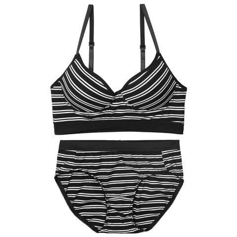 9/3新作!【ノンワイヤー】ストレッチリブボーダーブラジャー&フルバックショーツ[推し][人気](ブラック-M)