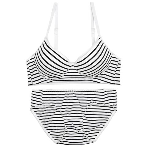 8/25新作!【ノンワイヤー】カジュアルマリンボーダーブラジャー&フルバックショーツ[推し][人気](ホワイト-M)