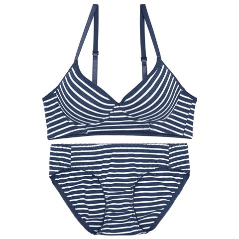 8/25新作!【ノンワイヤー】カジュアルマリンボーダーブラジャー&フルバックショーツ[推し][人気](ネイビー-M)