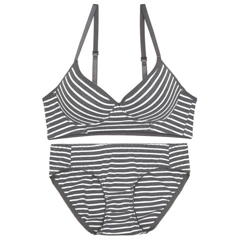 8/25新作!【ノンワイヤー】カジュアルマリンボーダーブラジャー&フルバックショーツ[推し][人気](グレー-M)