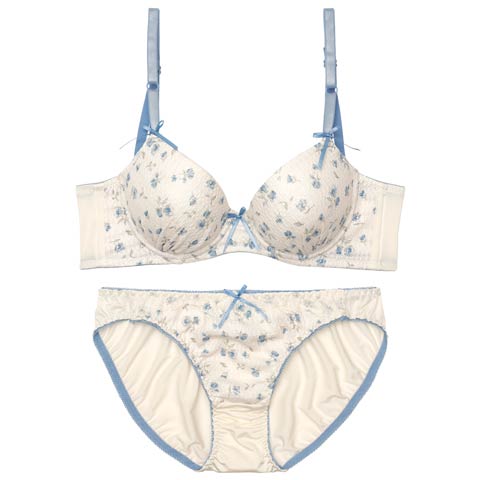 10/7再販!チャーミングフルールリボン育乳ブラジャー&フルバックショーツ[推し][人気](ブルー-A70/ショーツM)