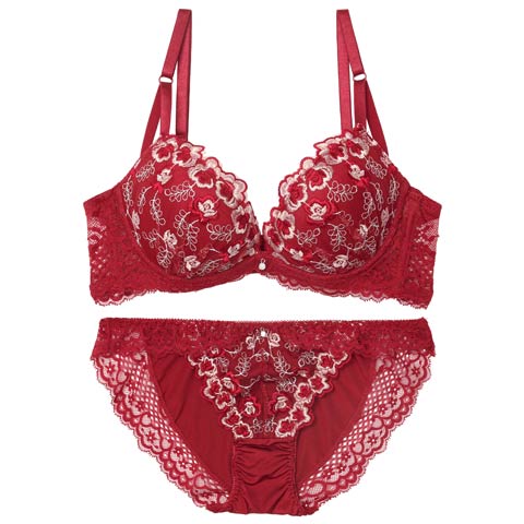 9/8新作!【EFサイズ】ルミナスリッチフラワー育乳ブラジャー&フルバックショーツ[推し](ワインレッド-E70/ショーツM)