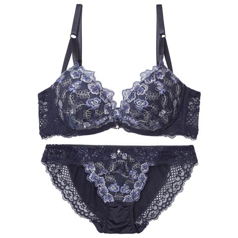 9/8新作!【EFサイズ】ルミナスリッチフラワー育乳ブラジャー&フルバックショーツ[推し](ネイビー-E70/ショーツM)