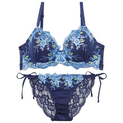 11/7新作!【三上悠亜着用】フローラブルームガーデンブラジャー&サイド紐バック透けフルバックショーツ[推し][人気](ネイビー-A65/ショーツM)