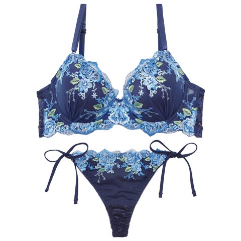 11/7新作!【Tバック】【三上悠亜着用】フローラブルームガーデンブラジャー&サイド紐バック透けTバックショーツ[推し][人気](ネイビー-A65/ショーツM)