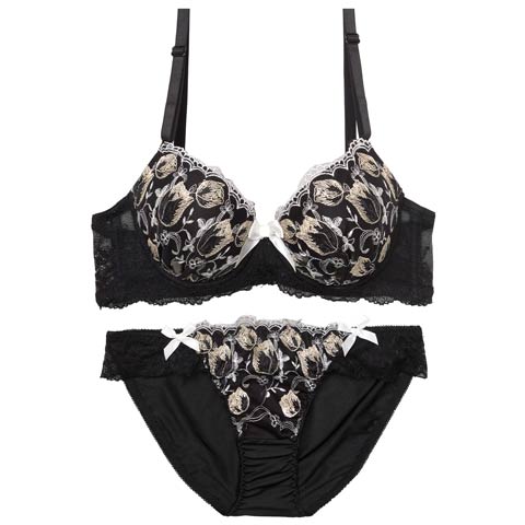 11/8再販!10/28再販!ラグジュアリーリボンチューリップブラジャー&フルバックショーツ[推し][人気](ブラック-A65/ショーツM)