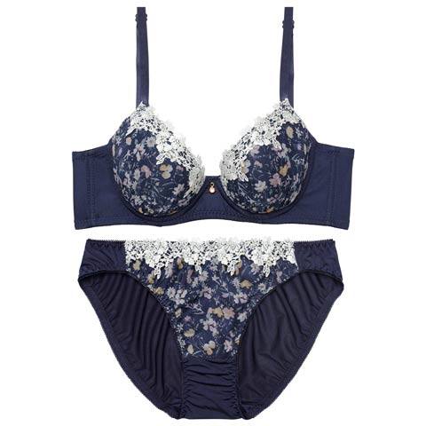 10/28再販!アンティークレトロブルーム育乳ブラジャー&フルバックショーツ[推し][人気](ネイビー-A70/ショーツM)