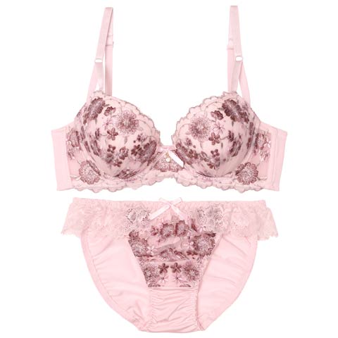9/19新作!【EFサイズ】メルティピオニーエンブロイダリー育乳ブラジャー&フルバックショーツ[推し](ピンク-E70/ショーツM)