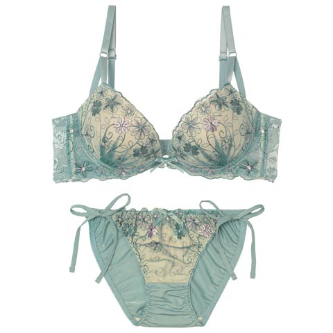 1/9新作!ダスティシアーフルール育乳脇高ブラジャー&サイド紐フルバックショーツ[推し][人気](グリーン-A65/ショーツM)