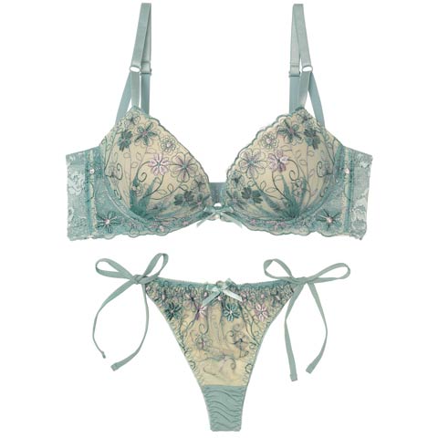 1/9新作!【Tバック】ダスティシアーフルール育乳脇高ブラジャー&サイド紐Tバックショーツ[推し][人気](グリーン-A65/ショーツM)